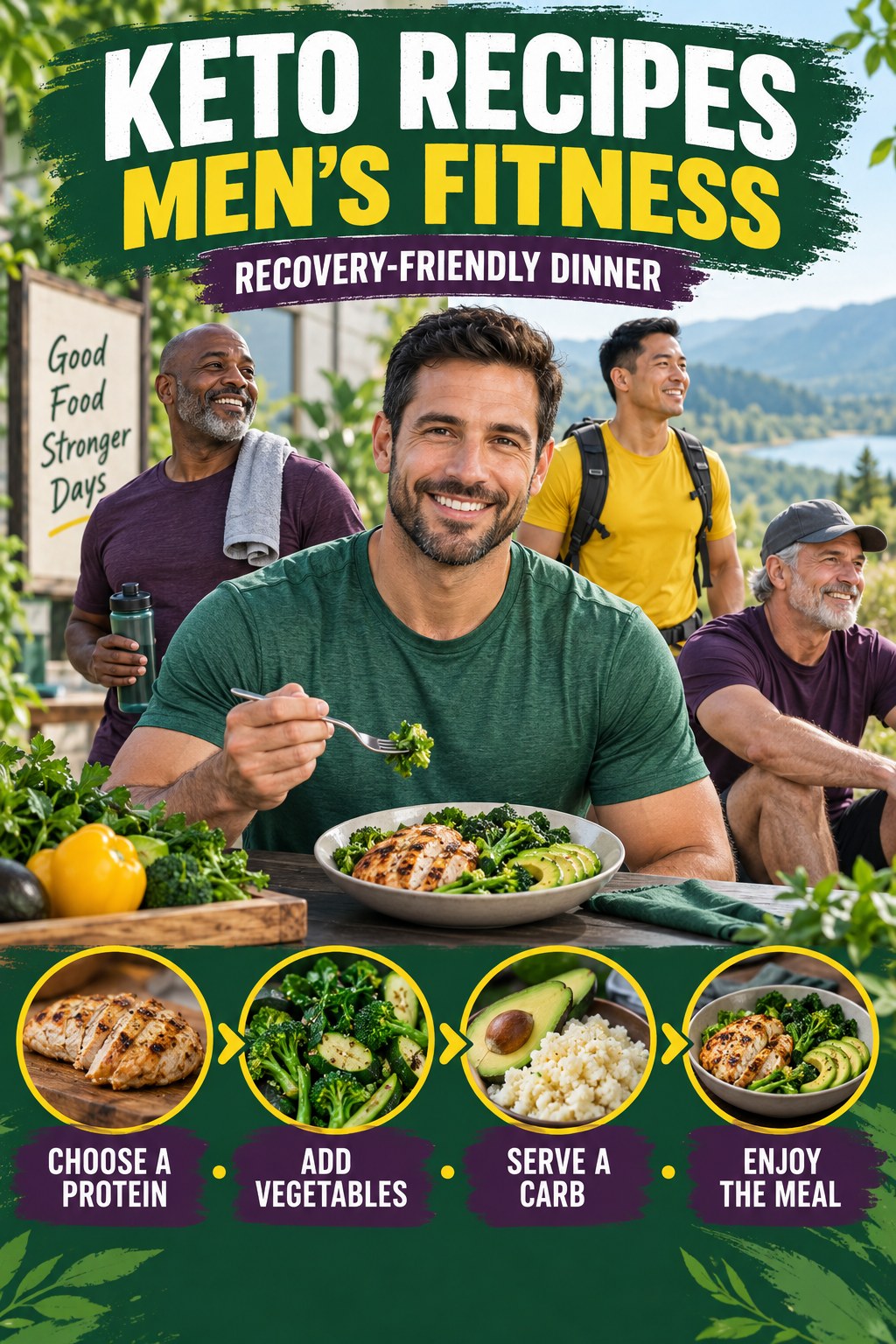 Keto Recipes men’s fitness graphic titled Recovery-Friendly Dinner with four practical training prompts.