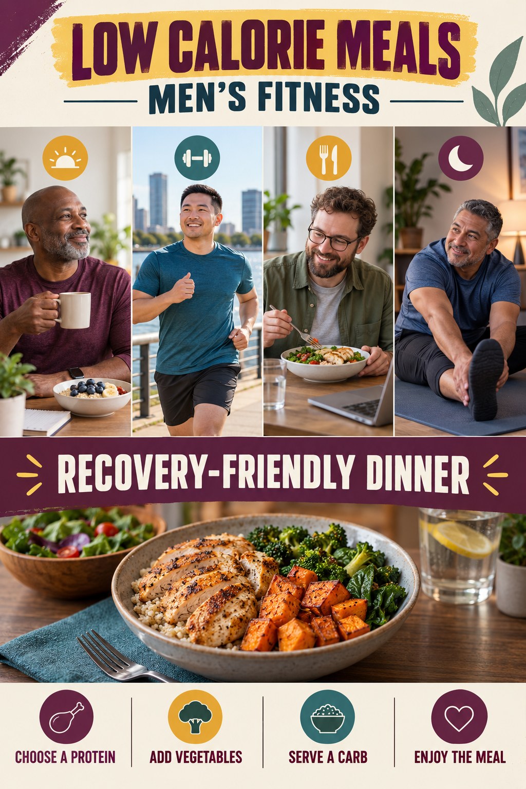 Low Calorie Meals men’s fitness graphic titled Recovery-Friendly Dinner with four practical training prompts.