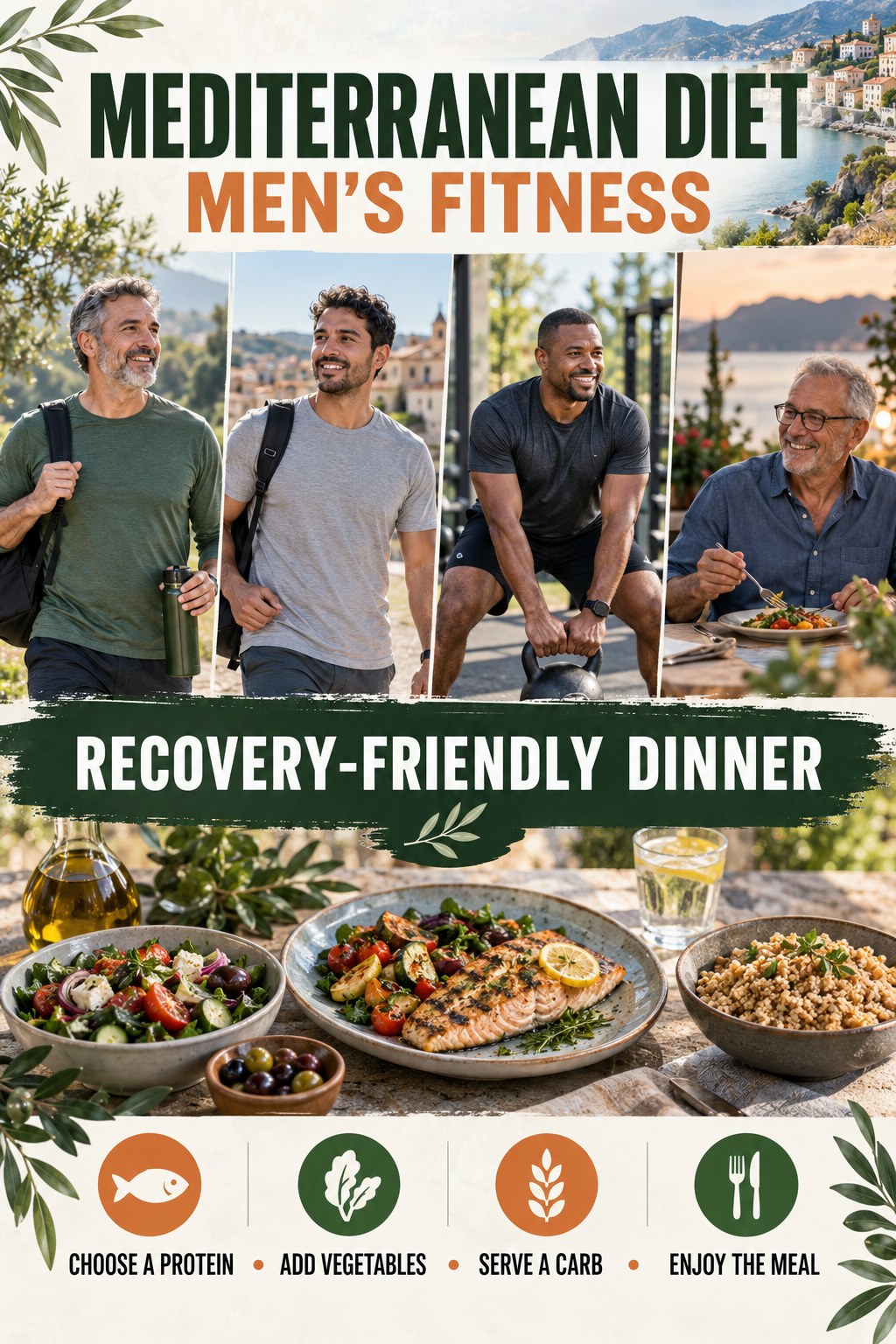 Mediterranean Diet men’s fitness graphic titled Recovery-Friendly Dinner with four practical training prompts.