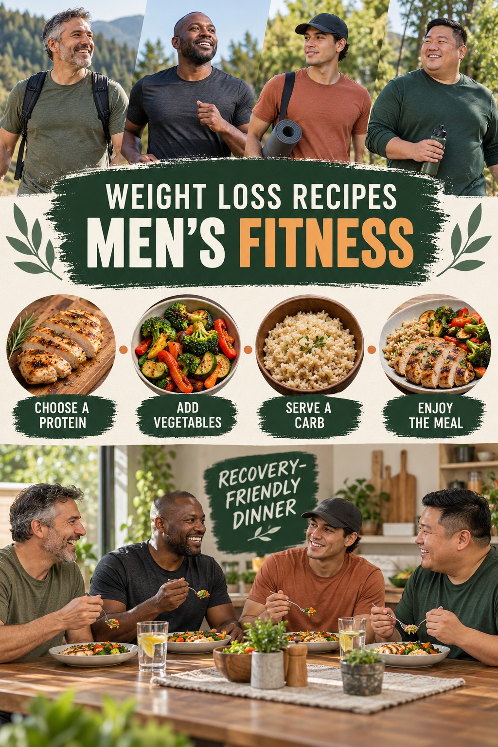 Weight Loss Recipes men’s fitness graphic titled Recovery-Friendly Dinner with four practical training prompts.