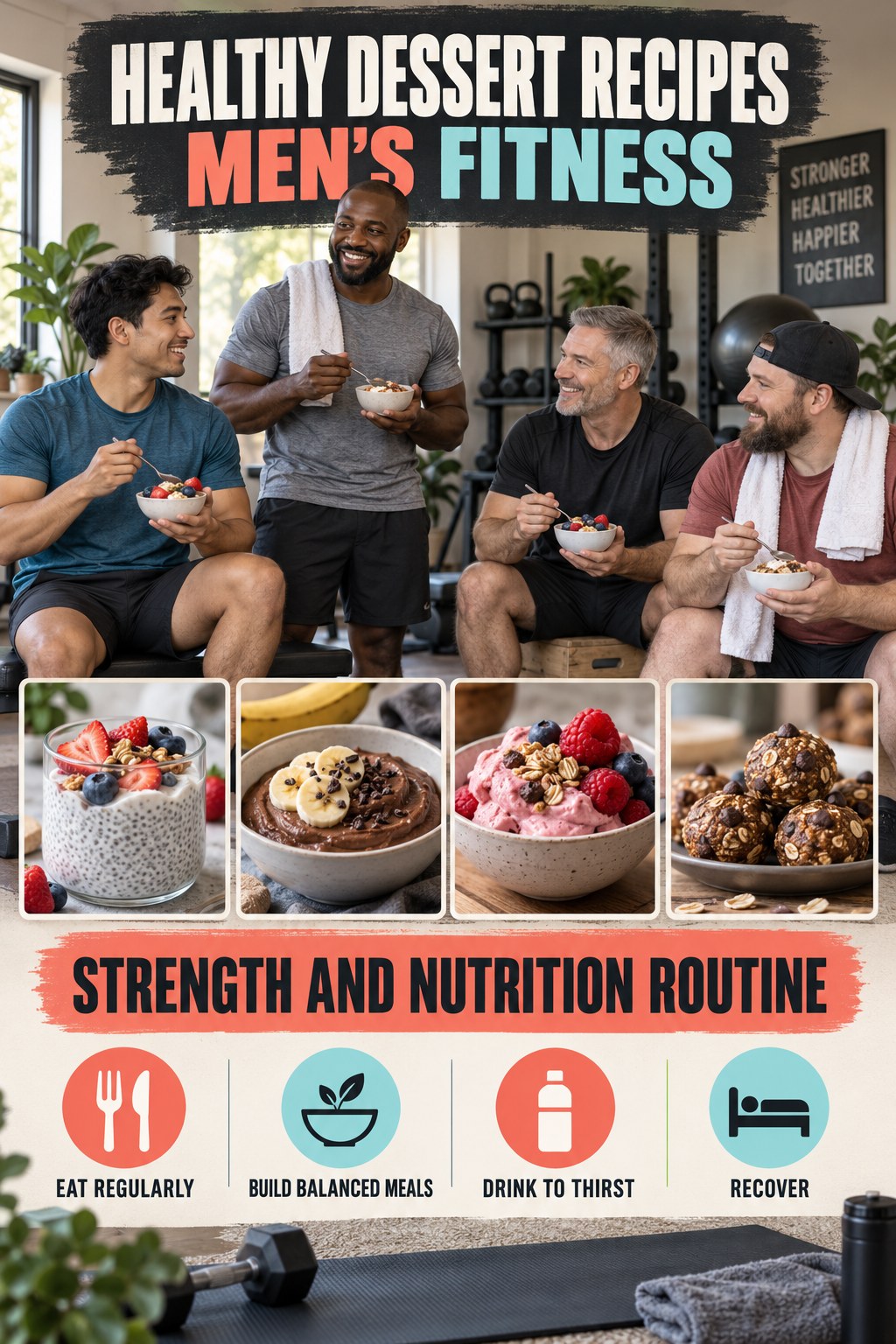 Healthy Dessert Recipes men’s fitness graphic titled Strength and Nutrition Routine with four practical training prompts.