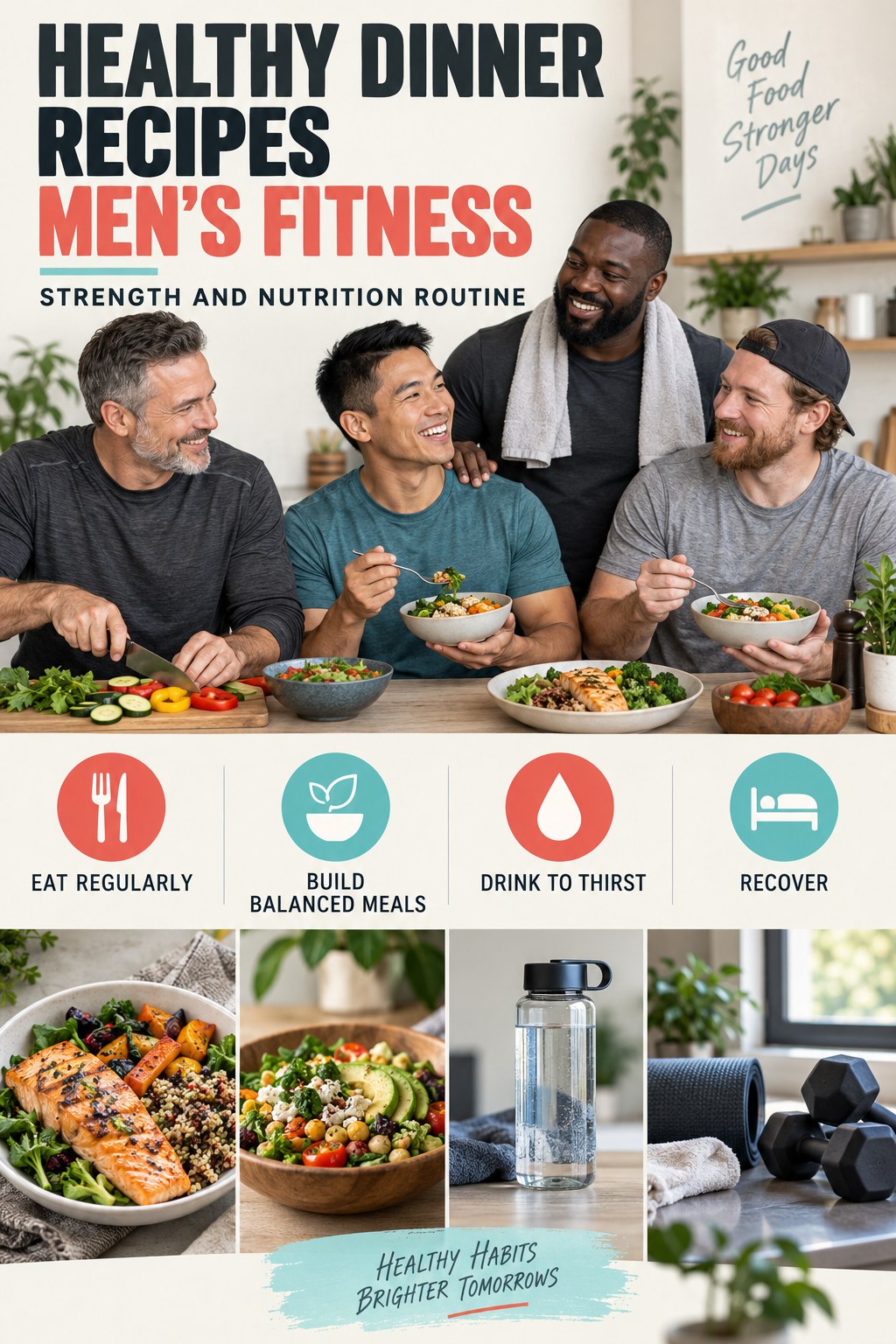 Healthy Dinner Recipes men’s fitness graphic titled Strength and Nutrition Routine with four practical training prompts.