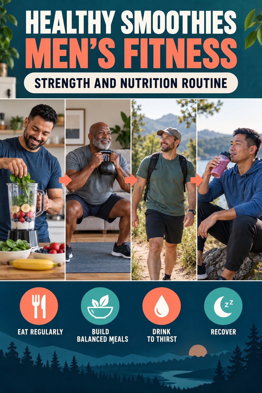 Healthy Smoothies men’s fitness graphic titled Strength and Nutrition Routine with four practical training prompts.
