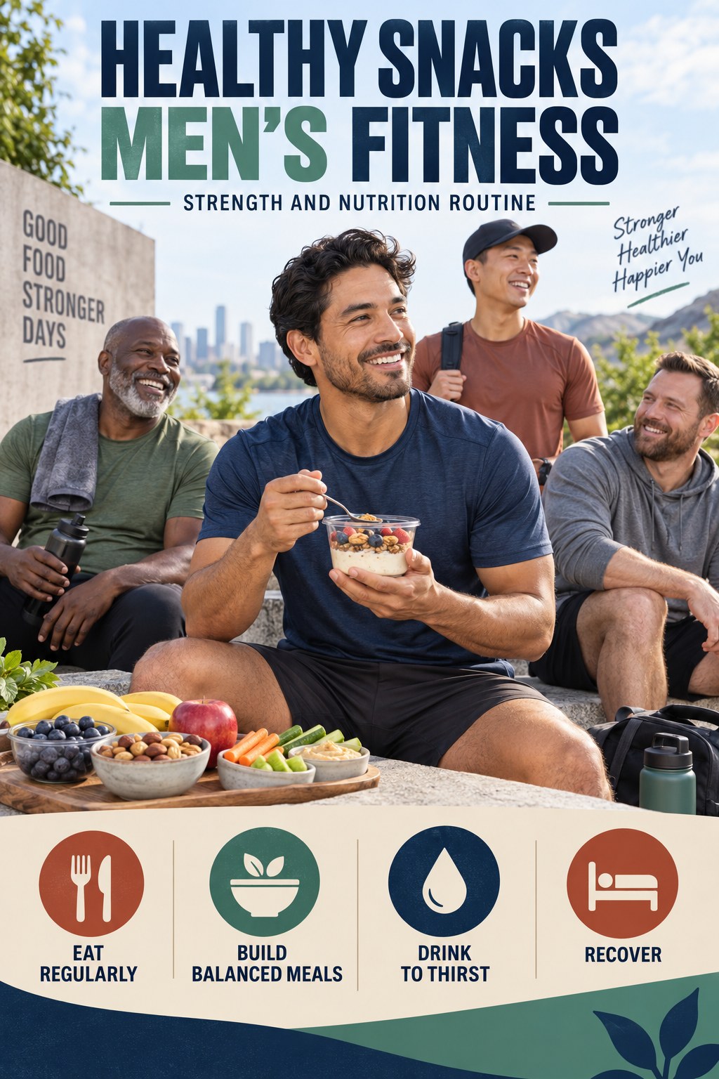 Healthy Snacks men’s fitness graphic titled Strength and Nutrition Routine with four practical training prompts.