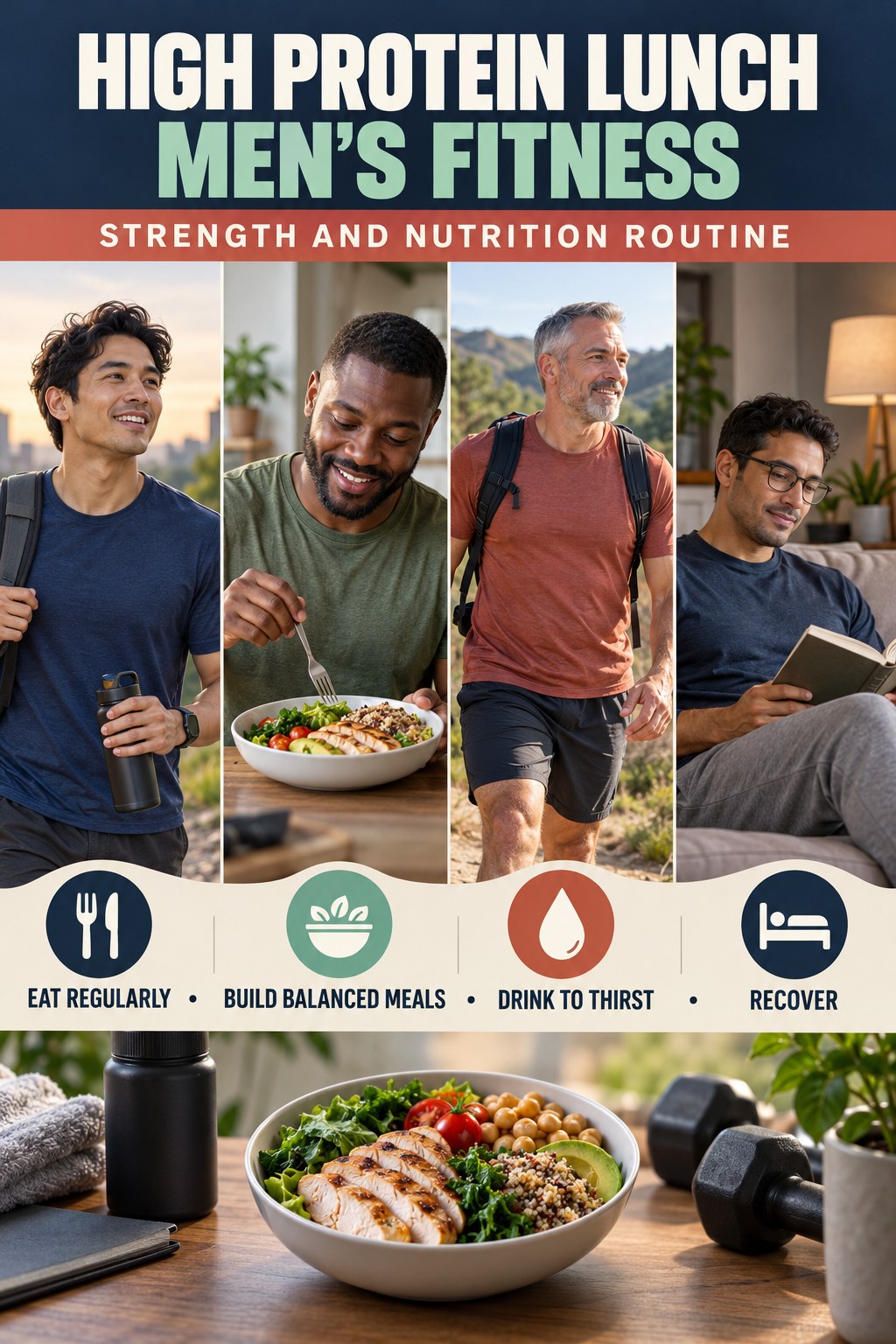 High Protein Lunch men’s fitness graphic titled Strength and Nutrition Routine with four practical training prompts.