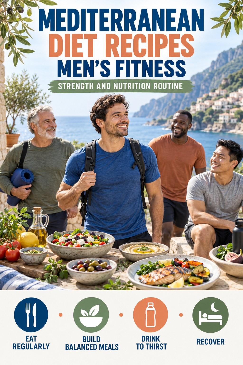 Mediterranean Diet Recipes men’s fitness graphic titled Strength and Nutrition Routine with four practical training prompts.