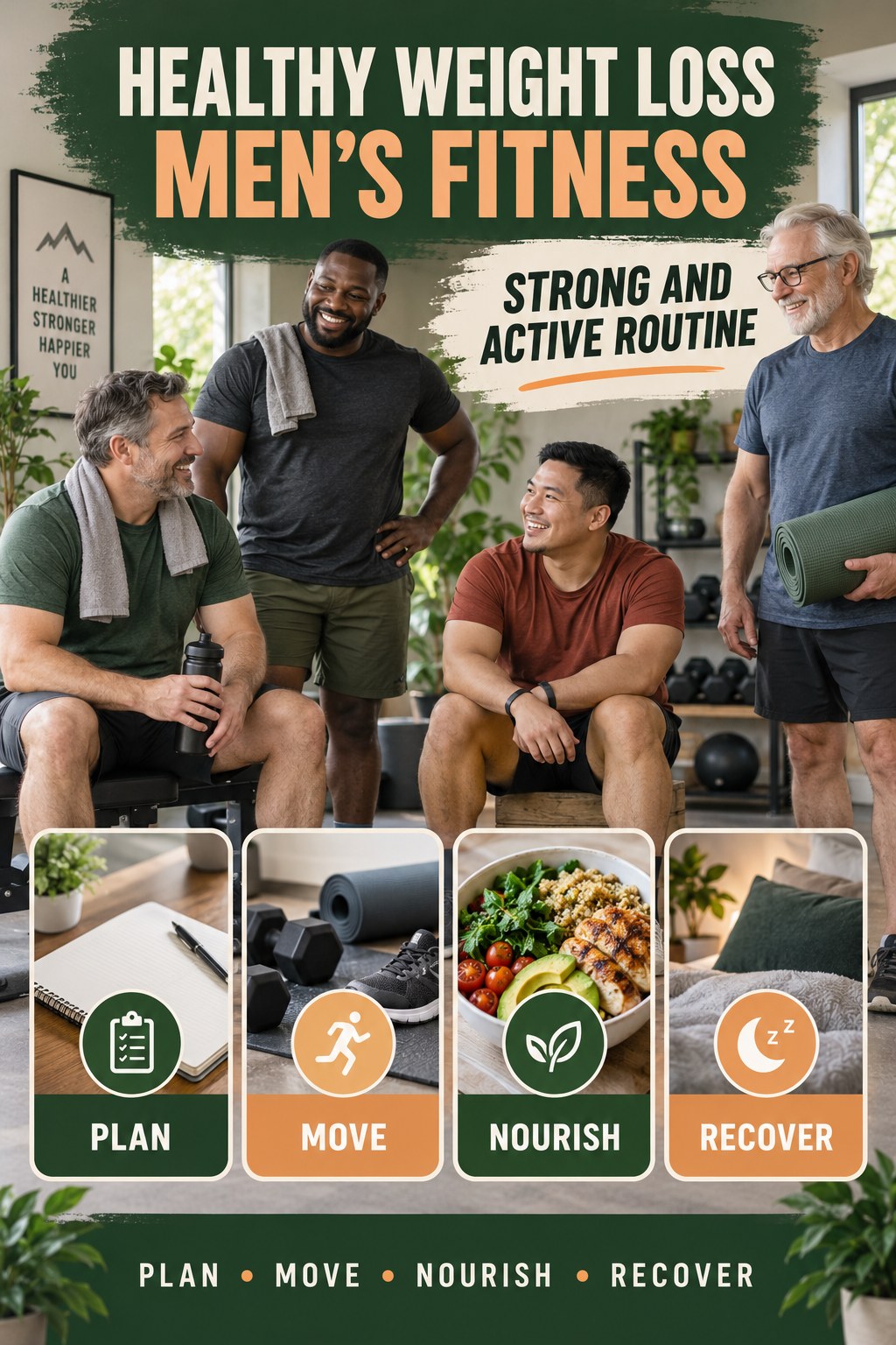 Healthy Weight Loss men’s fitness graphic titled Strong and Active Routine with four practical training prompts.