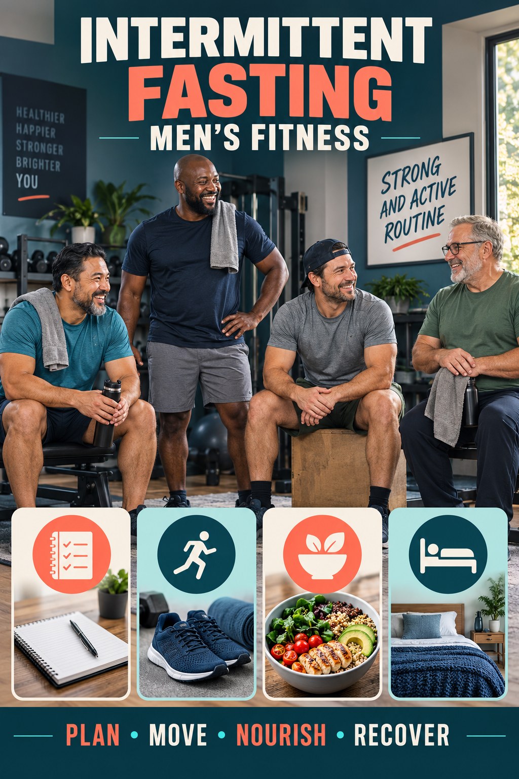 Intermittent Fasting men’s fitness graphic titled Strong and Active Routine with four practical training prompts.