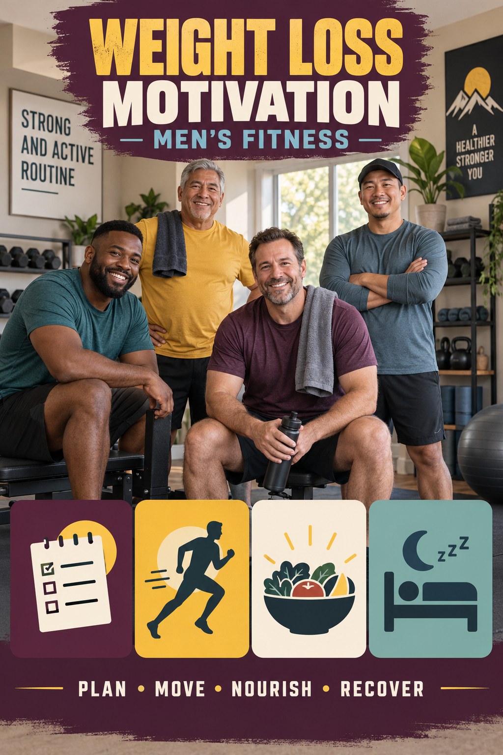 Weight Loss Motivation men’s fitness graphic titled Strong and Active Routine with four practical training prompts.