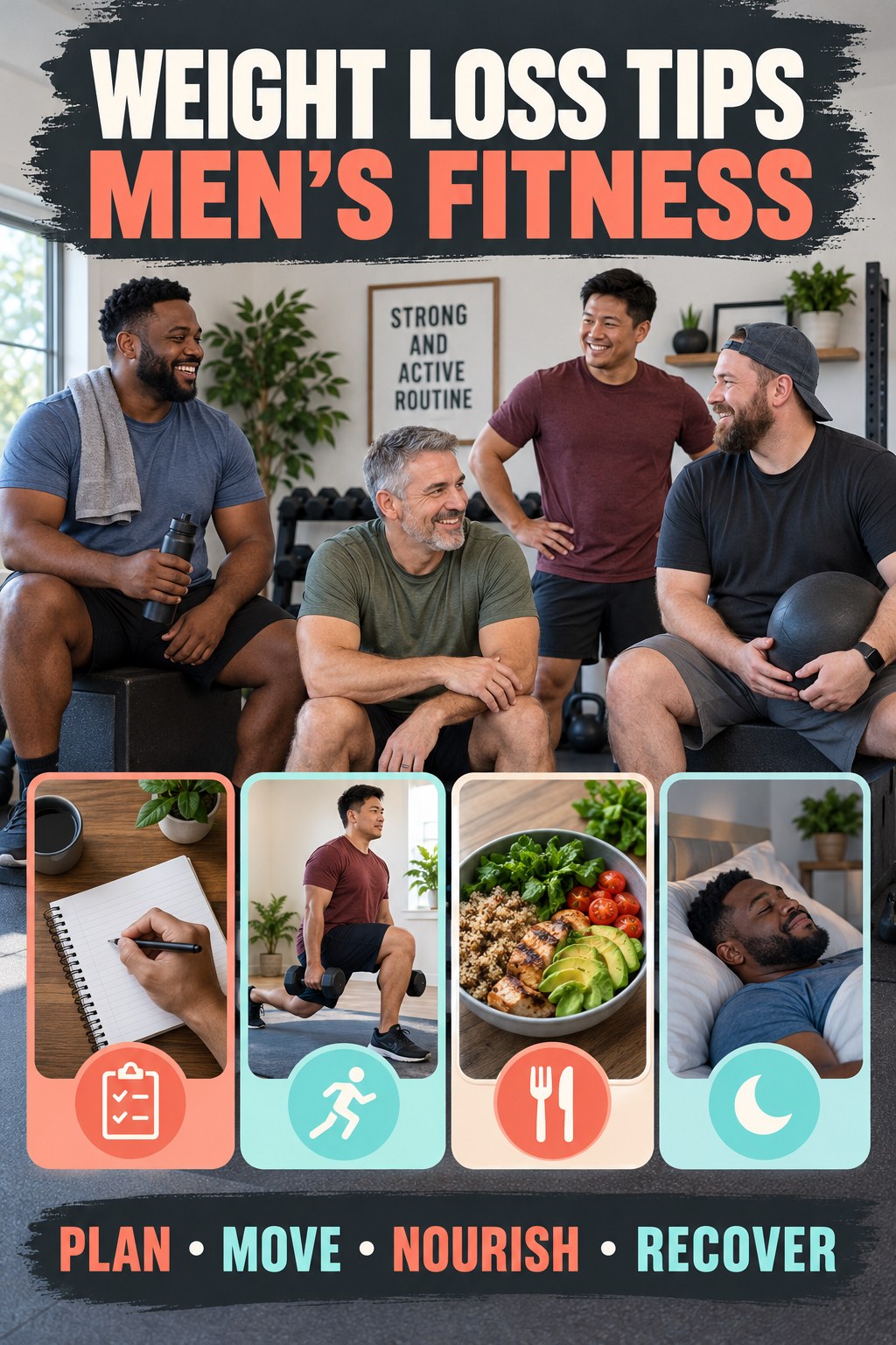 Weight Loss Tips men’s fitness graphic titled Strong and Active Routine with four practical training prompts.