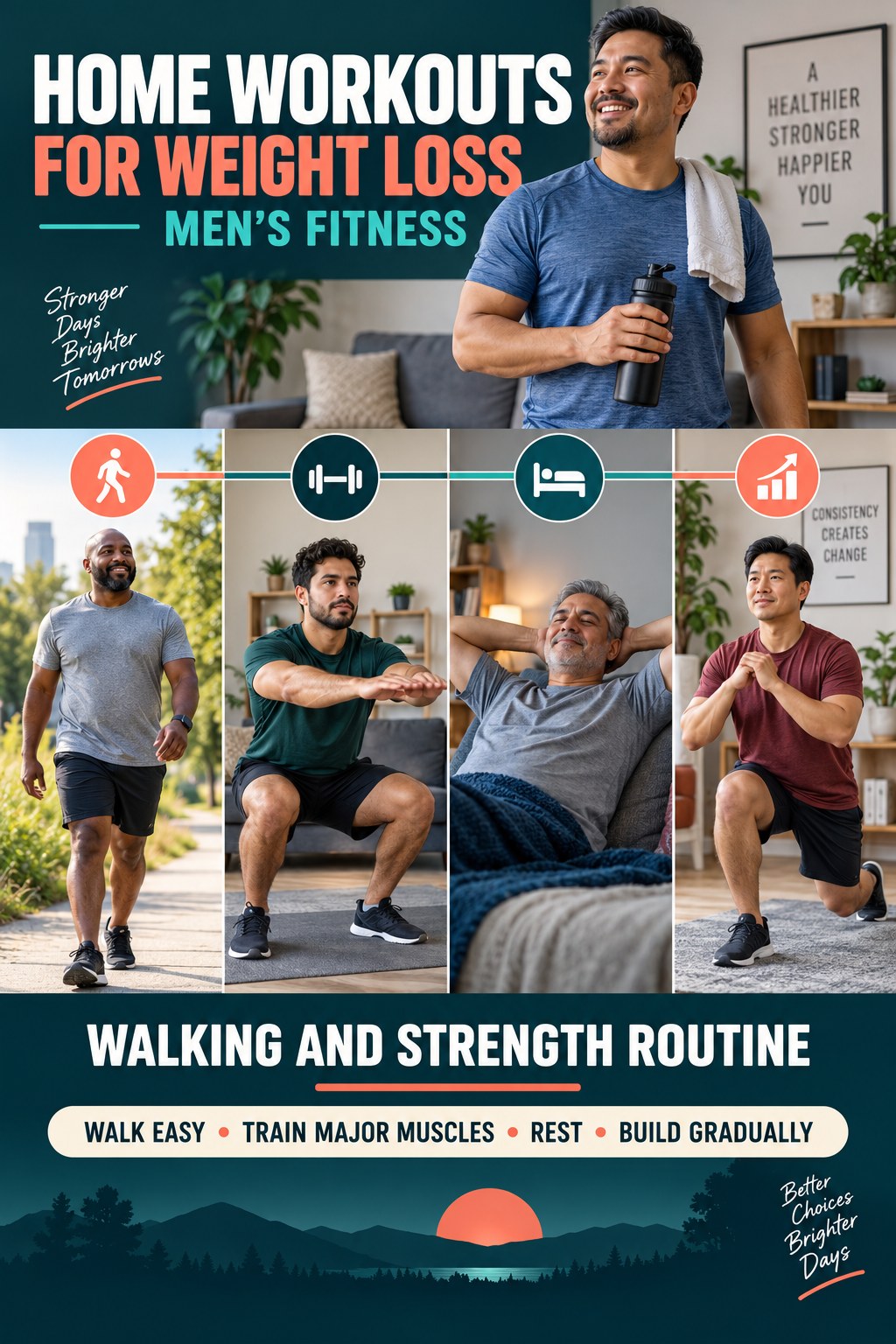 Home Workouts for Weight Loss men’s fitness graphic titled Walking and Strength Routine with four practical training prompts.
