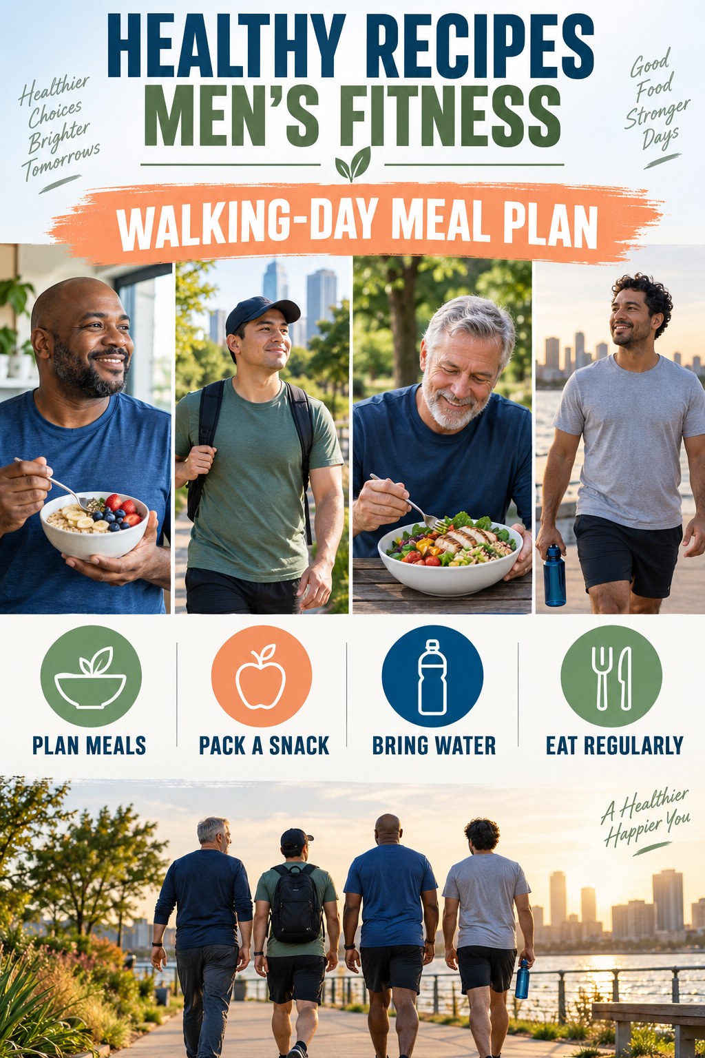 Healthy Recipes men’s fitness graphic titled Walking-Day Meal Plan with four practical training prompts.