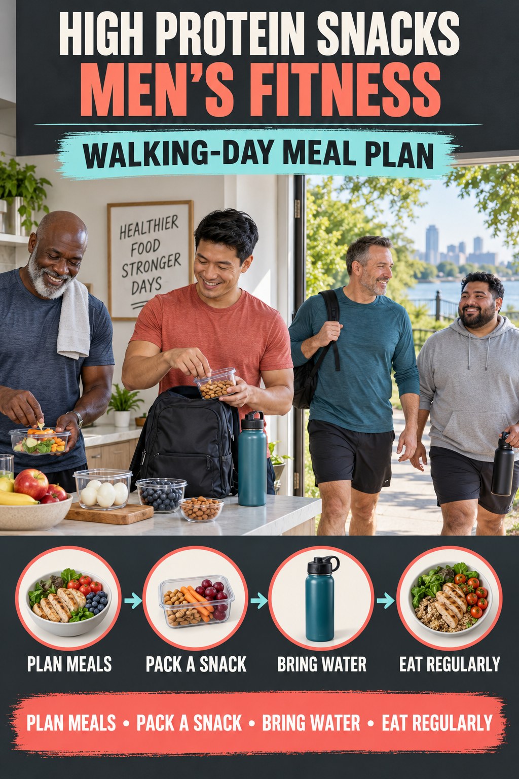 High Protein Snacks men’s fitness graphic titled Walking-Day Meal Plan with four practical training prompts.