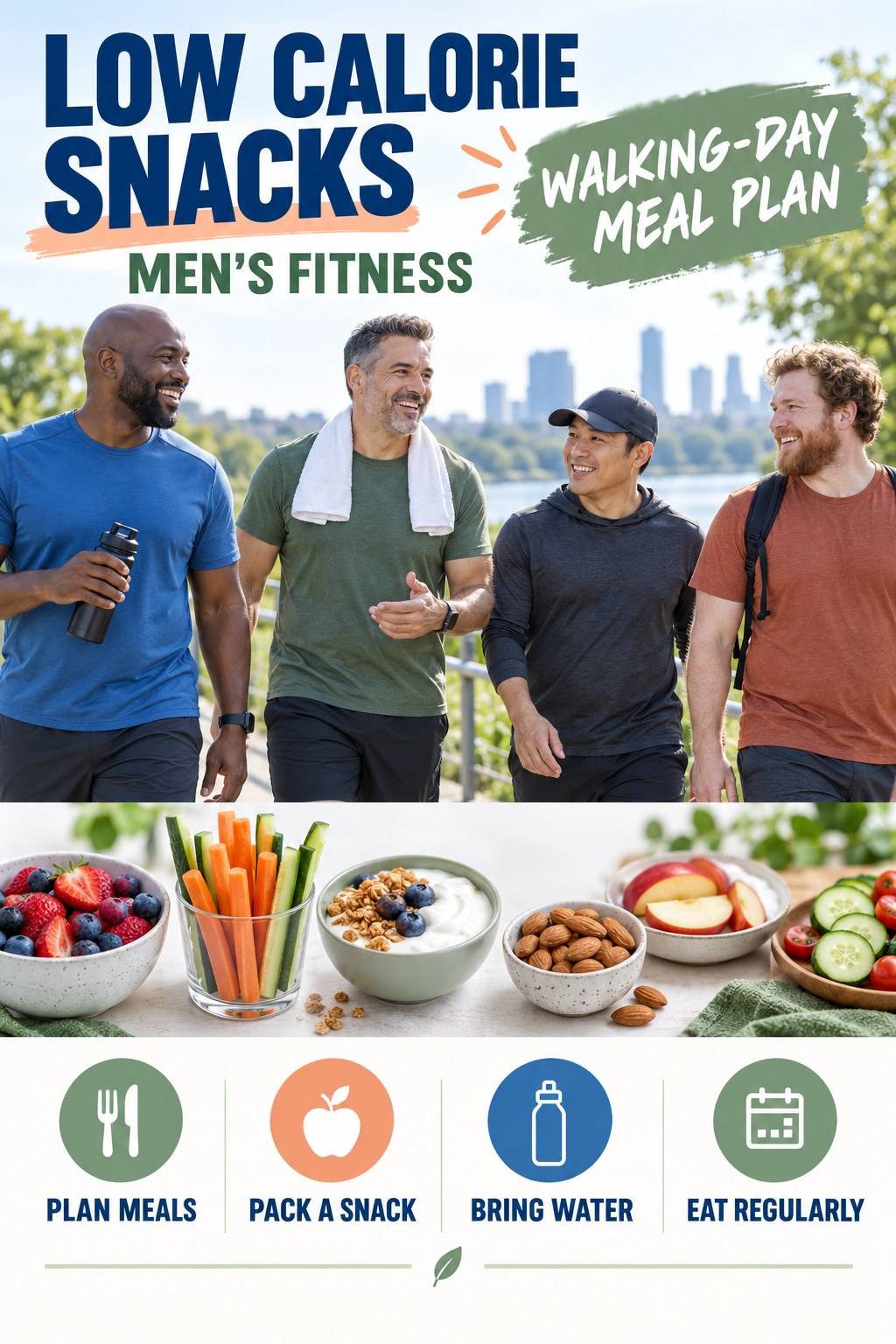 Low Calorie Snacks men’s fitness graphic titled Walking-Day Meal Plan with four practical training prompts.