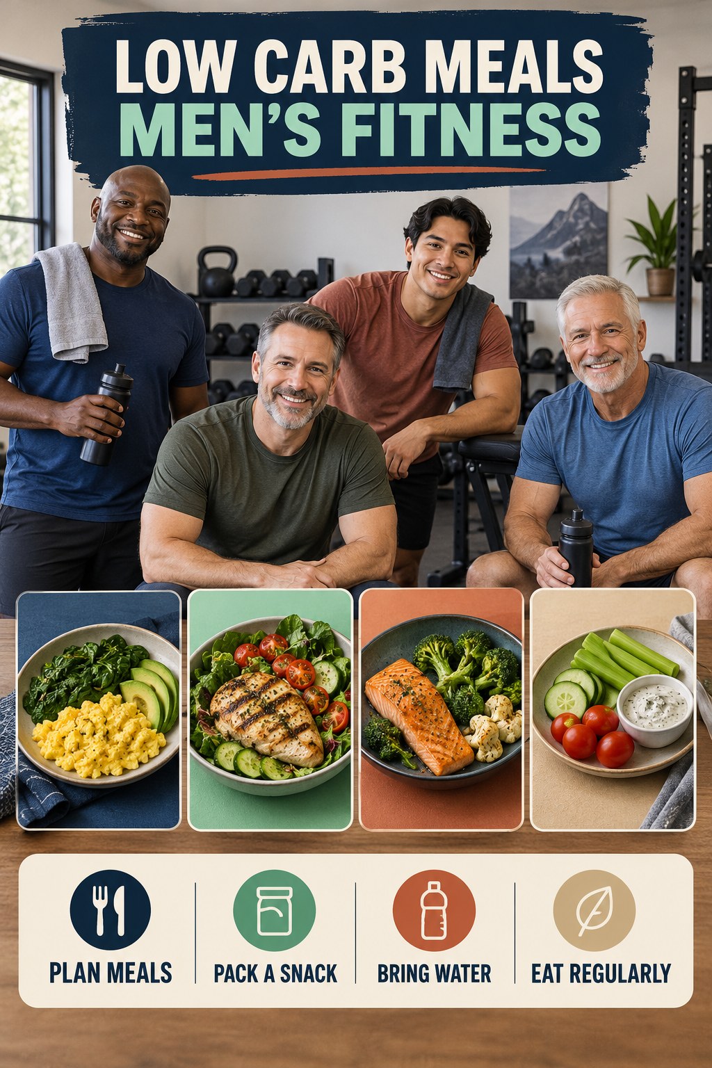Low Carb Meals men’s fitness graphic titled Walking-Day Meal Plan with four practical training prompts.