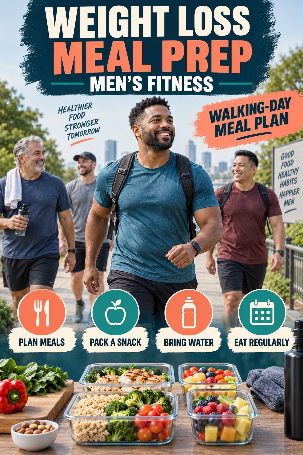 Weight Loss Meal Prep men’s fitness graphic titled Walking-Day Meal Plan with four practical training prompts.