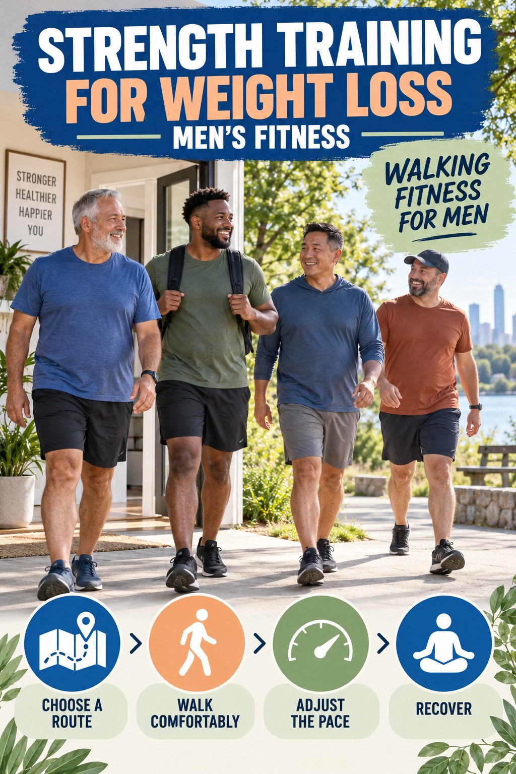 Strength Training for Weight Loss men’s fitness graphic titled Walking Fitness for Men with four practical training prompts.
