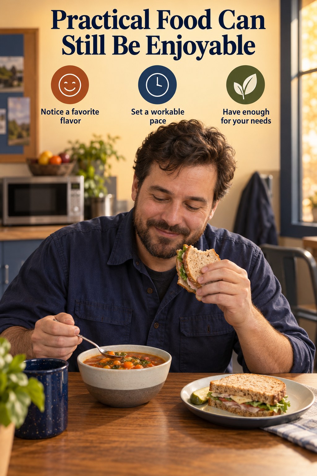 A man enjoying a workday lunch with the words Practical Food Can Still Be Enjoyable.
