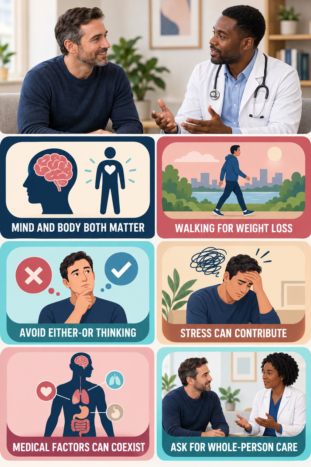 Mental Health and Sexual Function Can Interact infographic for Walking for Weight Loss with four concise, non-shaming sexual-health education points.