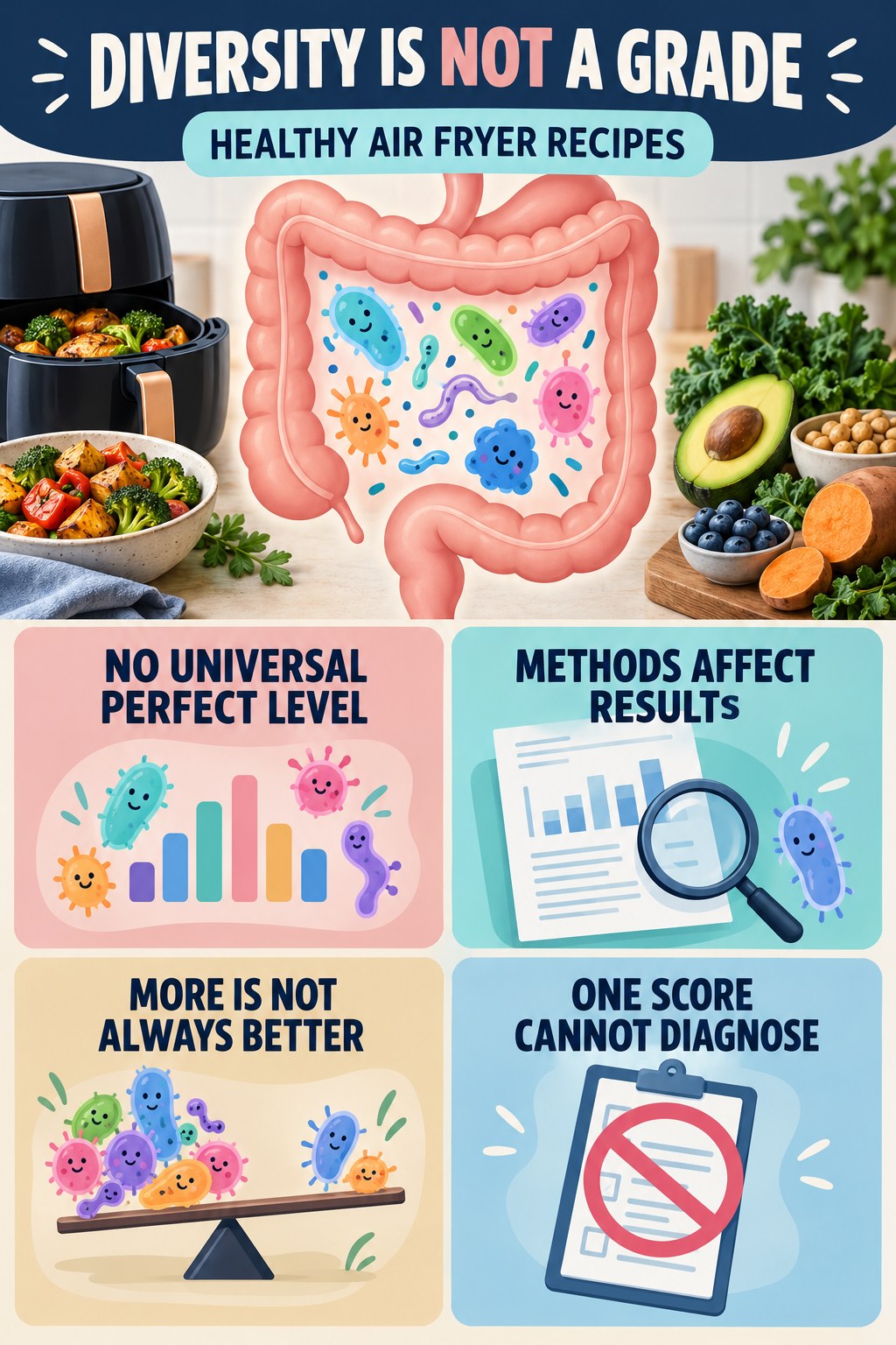 Microbial Diversity Is Not a Personal Grade educational infographic for Healthy Air Fryer Recipes with four evidence-aware points.