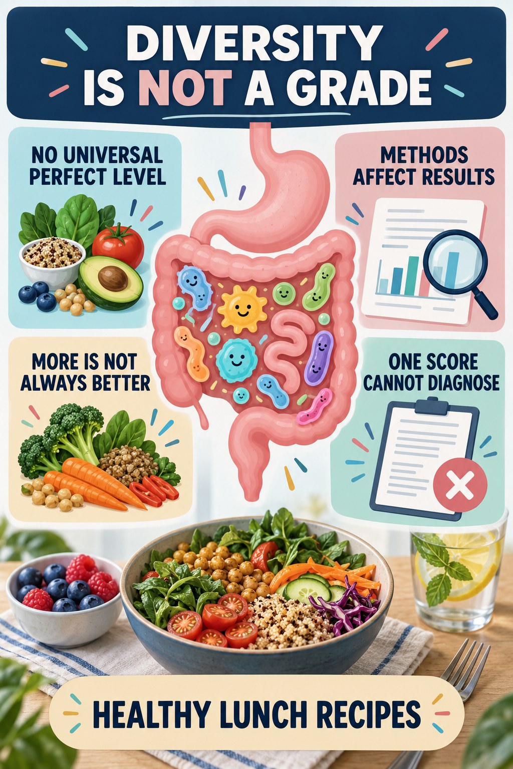 Microbial Diversity Is Not a Personal Grade educational infographic for Healthy Lunch Recipes with four evidence-aware points.