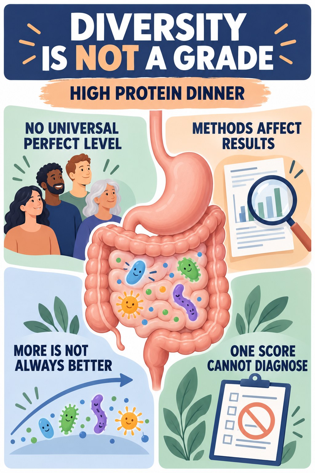 Microbial Diversity Is Not a Personal Grade educational infographic for High Protein Dinner with four evidence-aware points.