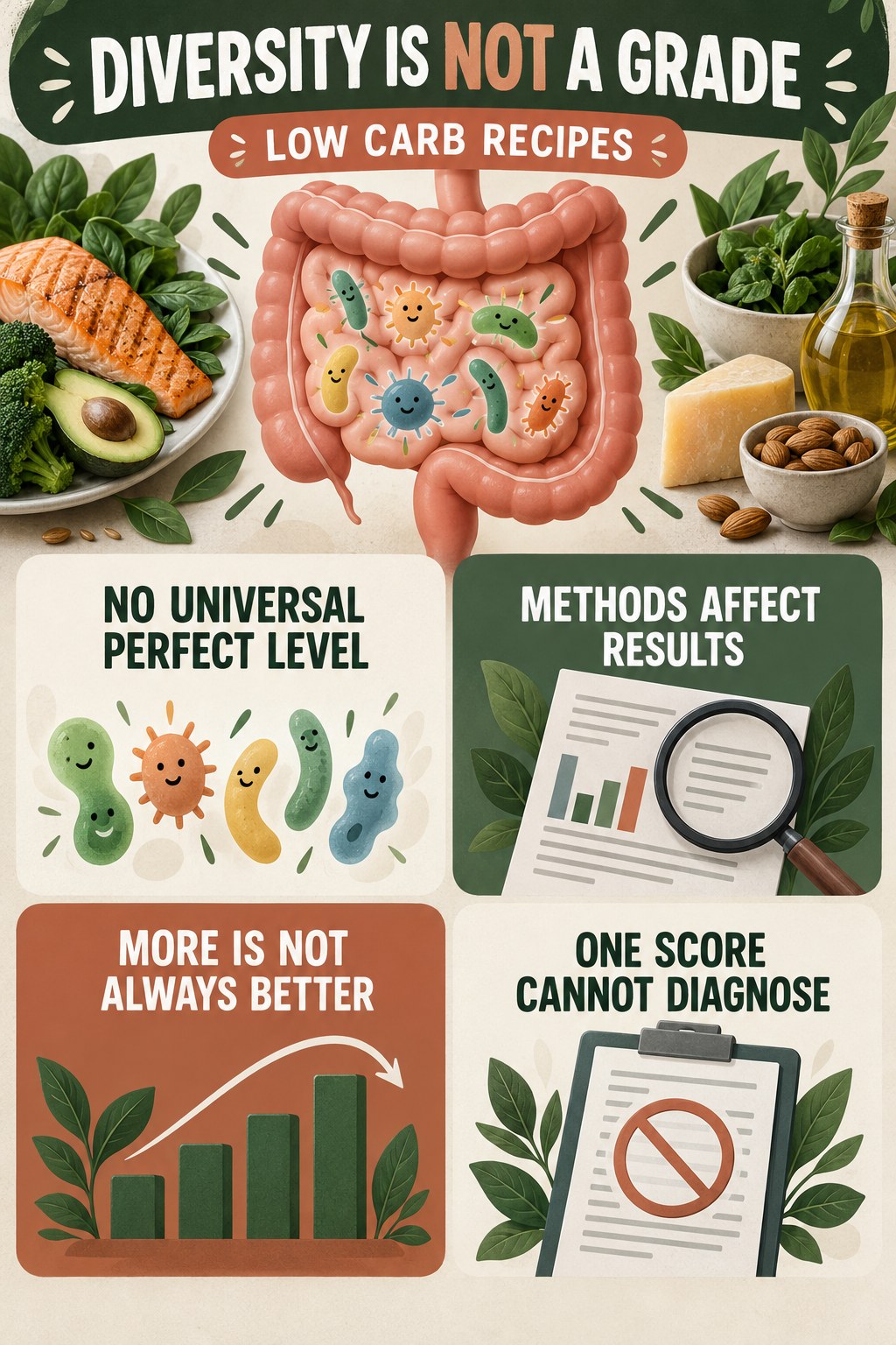 Microbial Diversity Is Not a Personal Grade educational infographic for Low Carb Recipes with four evidence-aware points.
