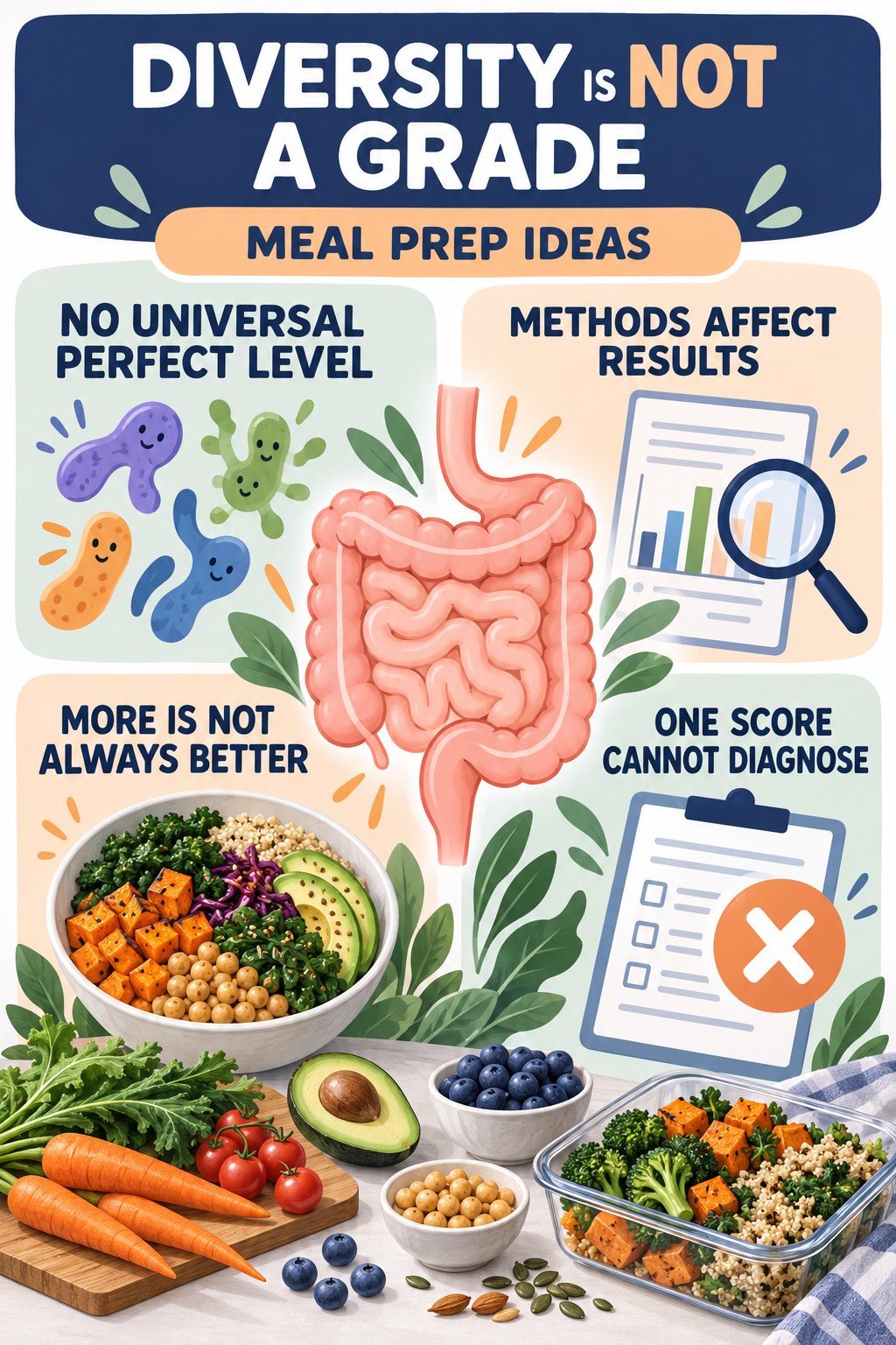 Microbial Diversity Is Not a Personal Grade educational infographic for Meal Prep Ideas with four evidence-aware points.