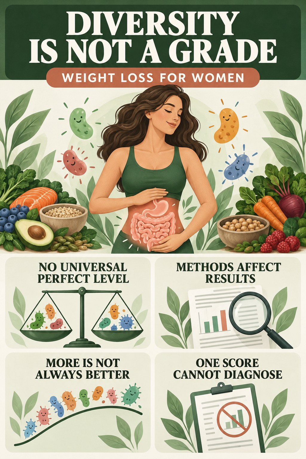 Microbial Diversity Is Not a Personal Grade educational infographic for Weight Loss for Women with four evidence-aware points.