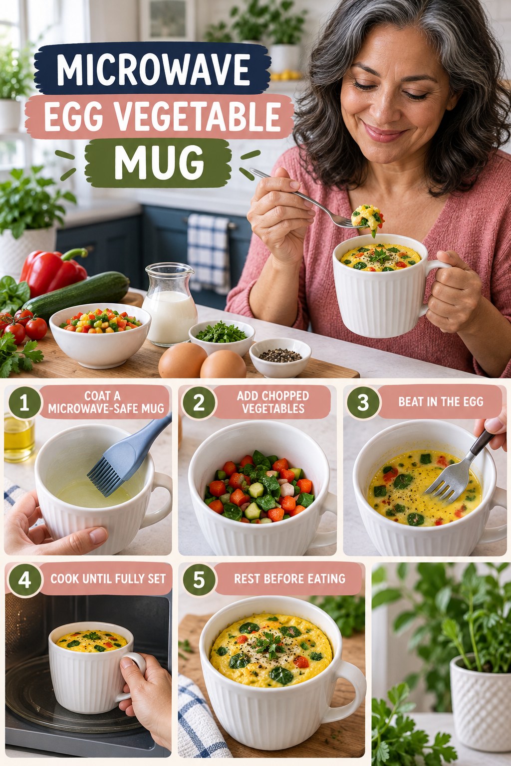 Microwave Egg Vegetable Mug for Weight Loss After 40 with five readable preparation cues and a realistic finished dish.
