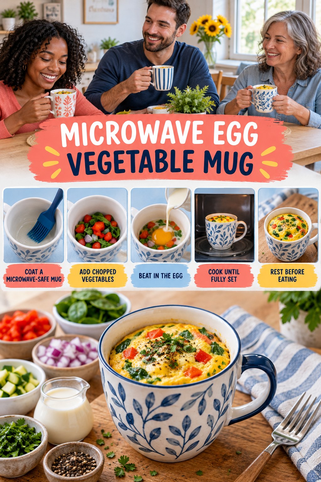 Microwave Egg Vegetable Mug for Weight Loss Motivation with five readable preparation cues and a realistic finished dish.