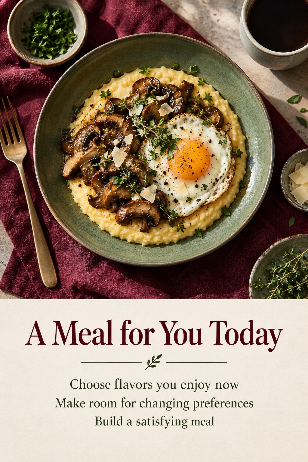 Photographic savory polenta brunch with mushrooms, eggs, and herbs under a headline about enjoying food today.