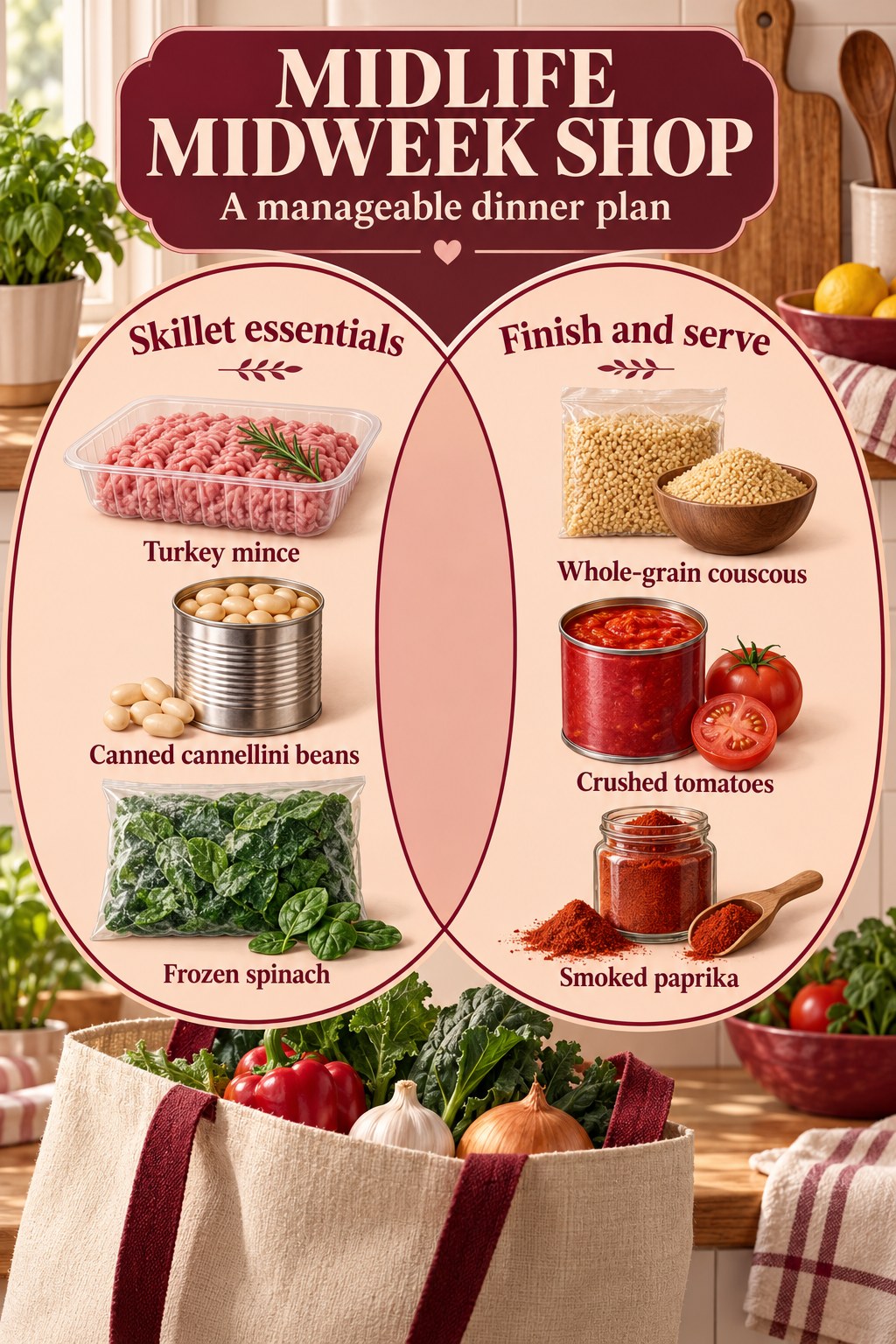 Burgundy and peach midweek grocery checklist with turkey, cannellini beans, spinach, couscous, tomatoes and paprika.