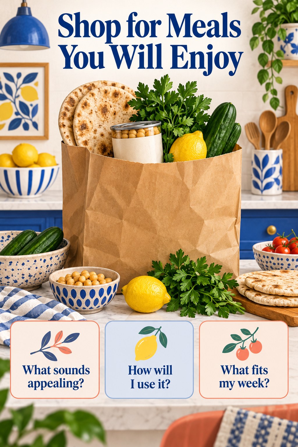 Illustrated grocery bag holding pita, cucumbers, chickpeas, and lemons beside mindful shopping questions.