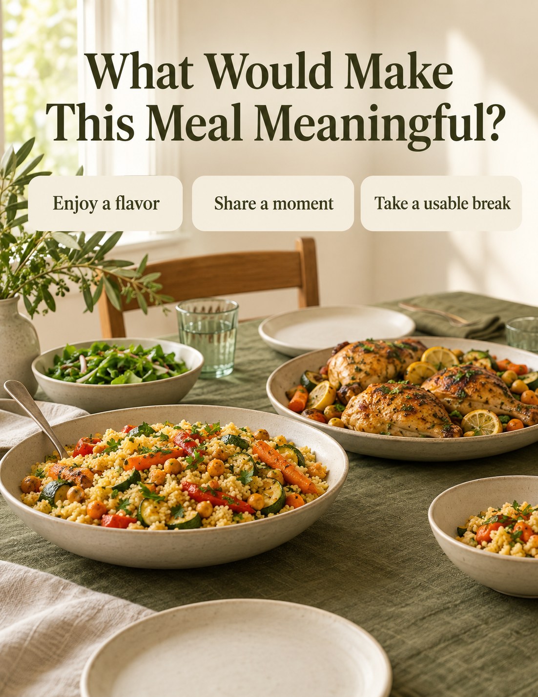 A welcoming shared dinner table with the headline What Would Make This Meal Meaningful?