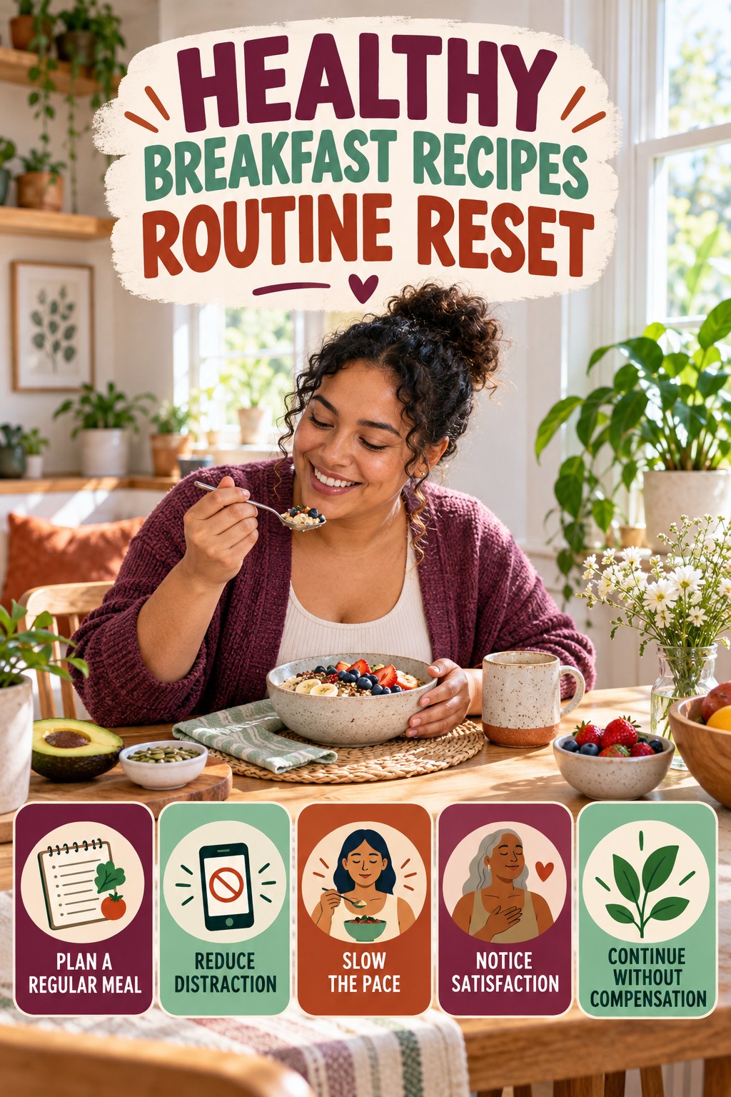Mindful Eating Routine Reset for Healthy Breakfast Recipes with five readable routine-reset cues and a realistic board-relevant wellness scene.