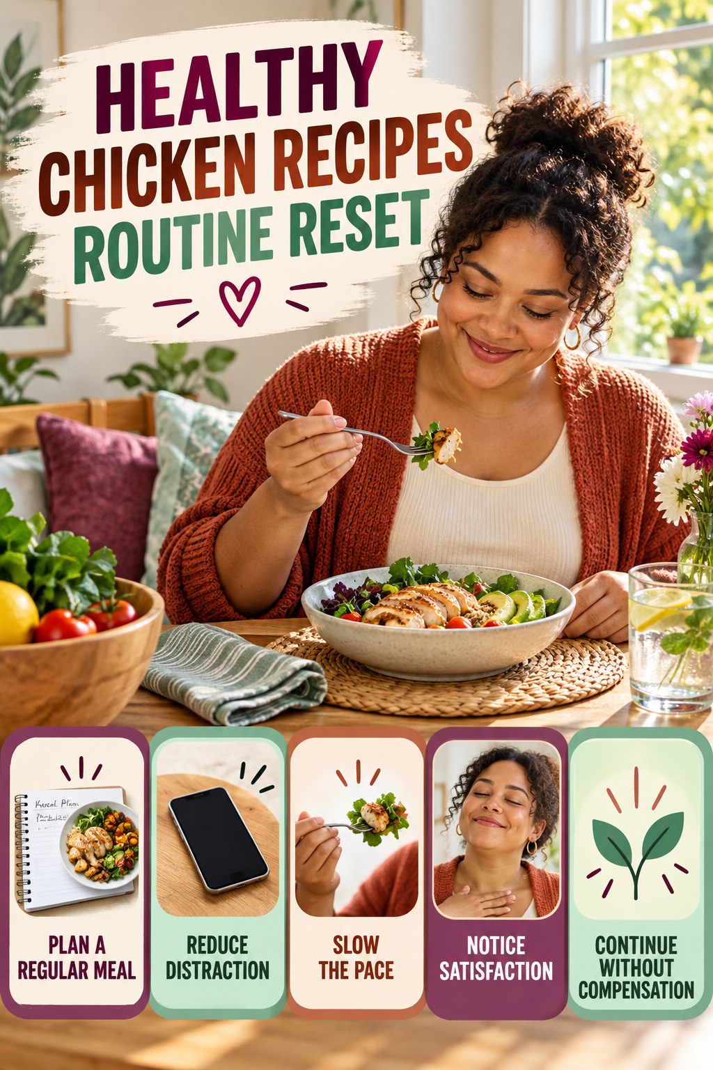 Mindful Eating Routine Reset for Healthy Chicken Recipes with five readable routine-reset cues and a realistic board-relevant wellness scene.