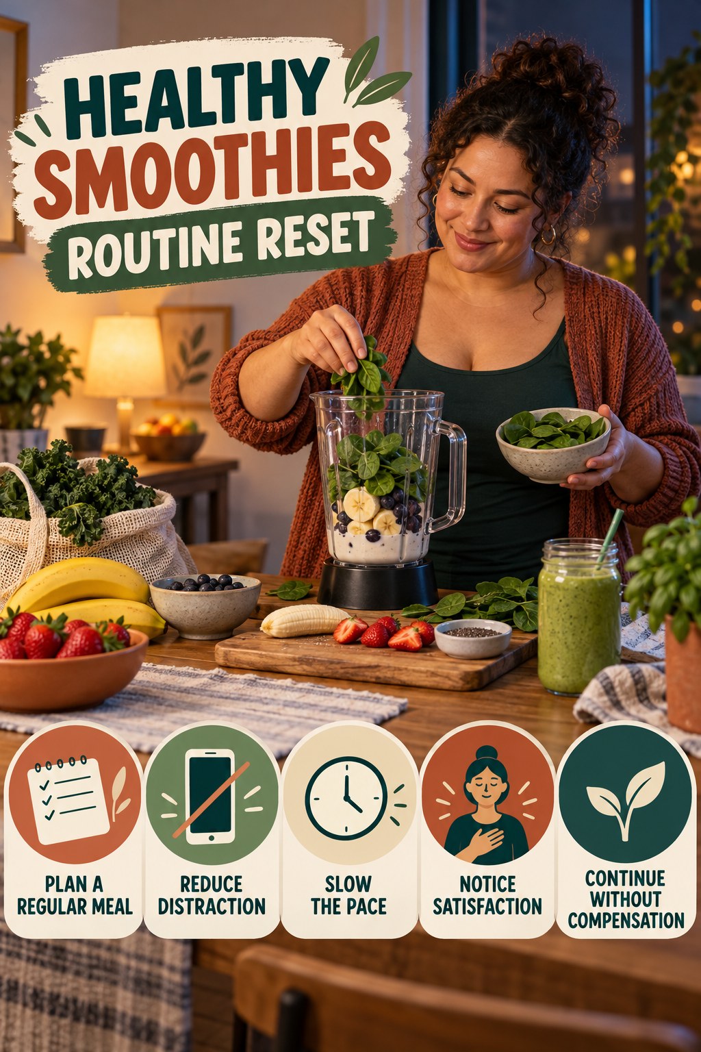 Mindful Eating Routine Reset for Healthy Smoothies with five readable routine-reset cues and a realistic board-relevant wellness scene.