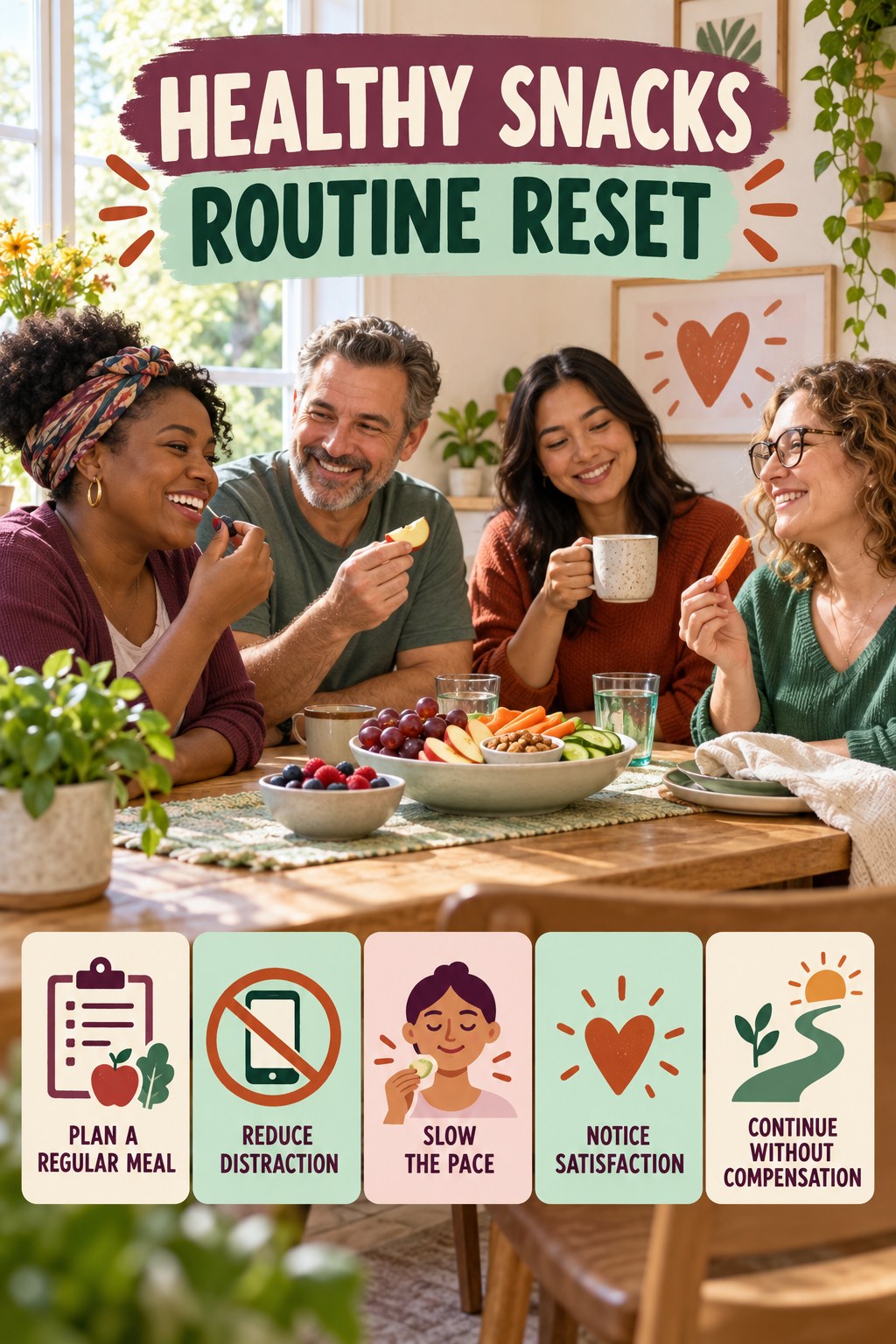 Mindful Eating Routine Reset for Healthy Snacks with five readable routine-reset cues and a realistic board-relevant wellness scene.