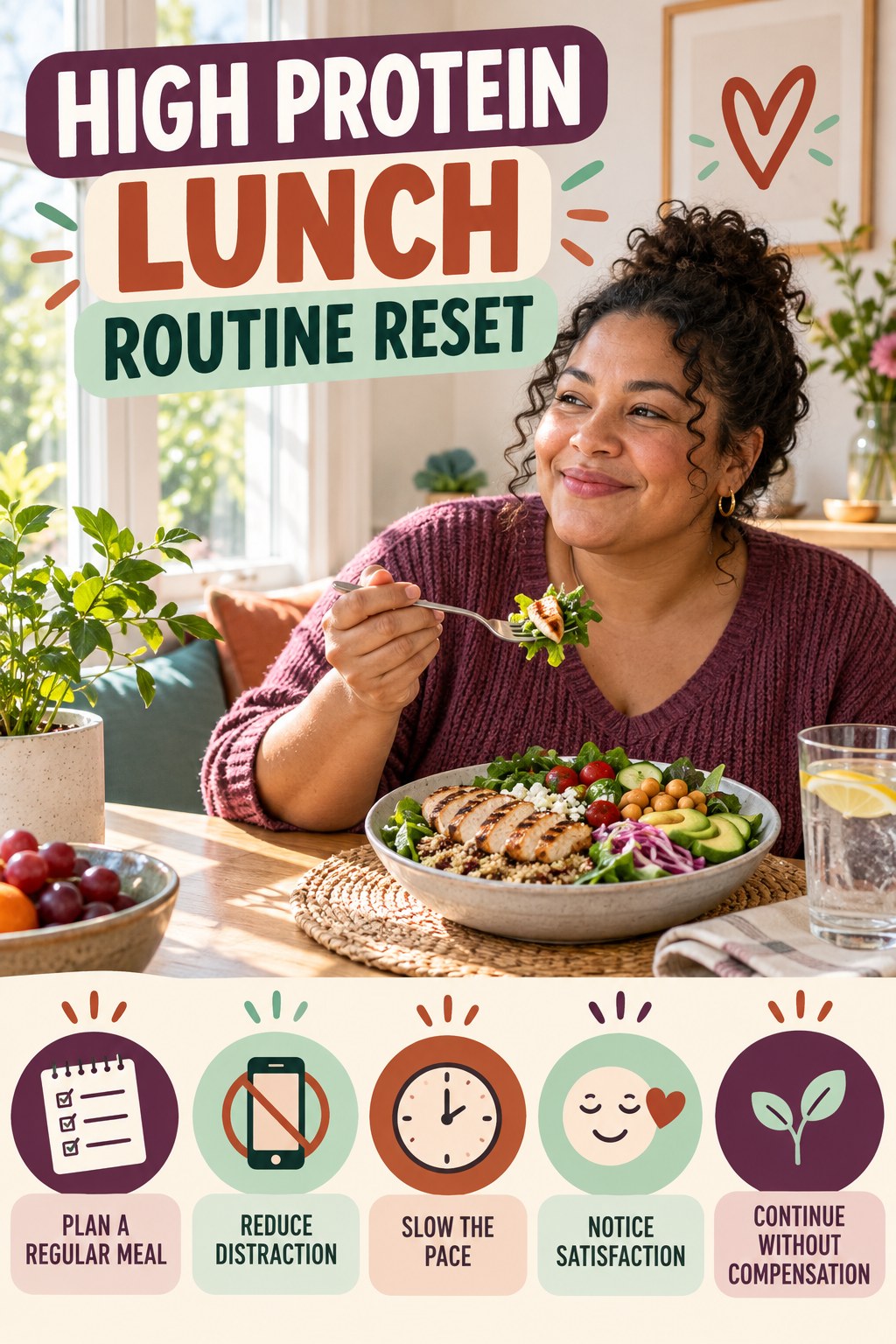 Mindful Eating Routine Reset for High Protein Lunch with five readable routine-reset cues and a realistic board-relevant wellness scene.