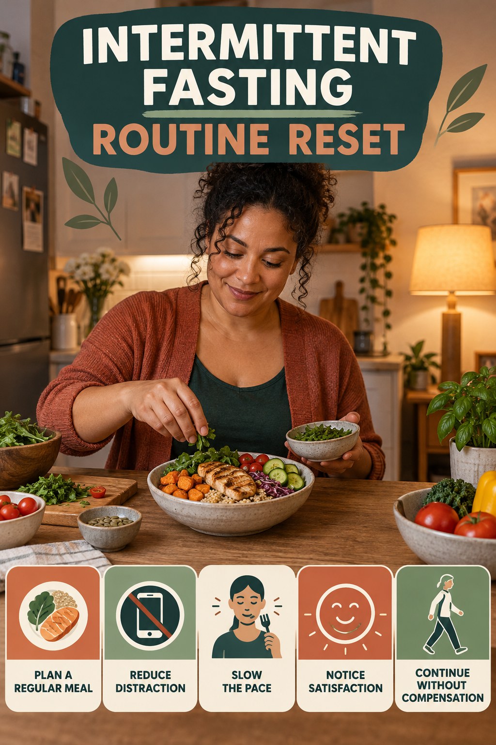 Mindful Eating Routine Reset for Intermittent Fasting with five readable routine-reset cues and a realistic board-relevant wellness scene.