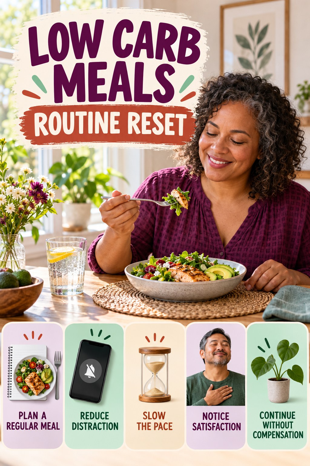 Mindful Eating Routine Reset for Low Carb Meals with five readable routine-reset cues and a realistic board-relevant wellness scene.