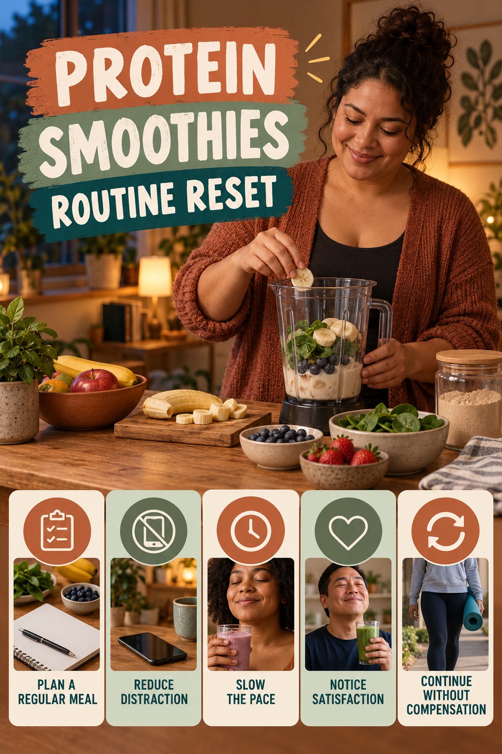 Mindful Eating Routine Reset for Protein Smoothies with five readable routine-reset cues and a realistic board-relevant wellness scene.