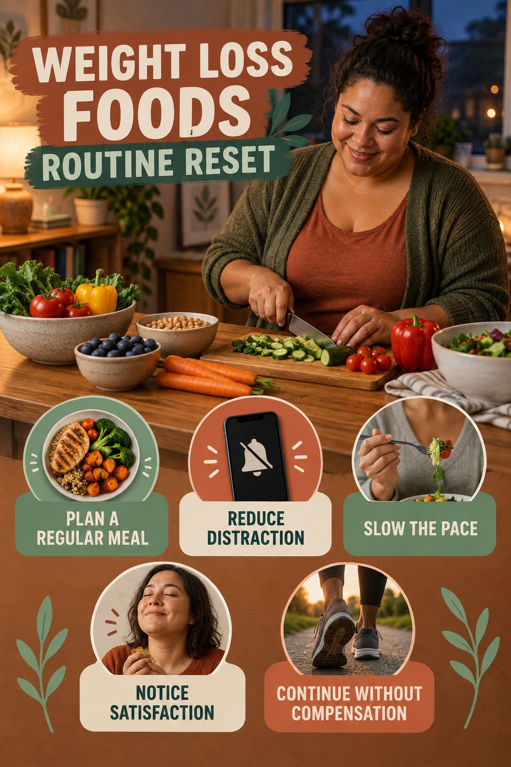 Mindful Eating Routine Reset for Weight Loss Foods with five readable routine-reset cues and a realistic board-relevant wellness scene.