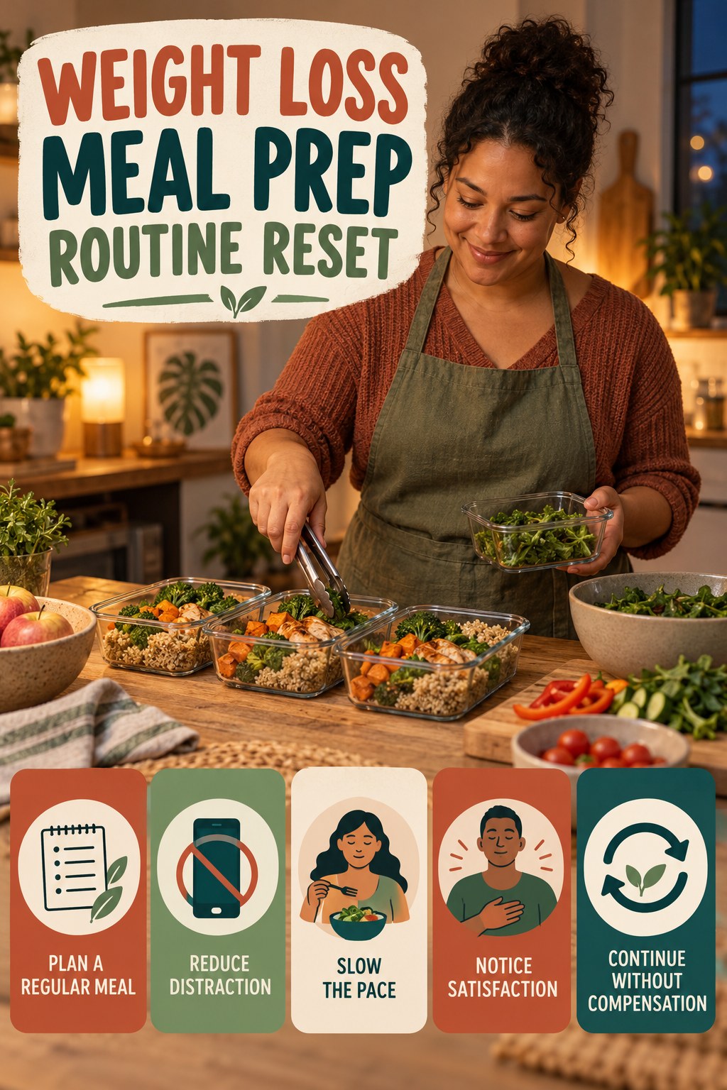 Mindful Eating Routine Reset for Weight Loss Meal Prep with five readable routine-reset cues and a realistic board-relevant wellness scene.