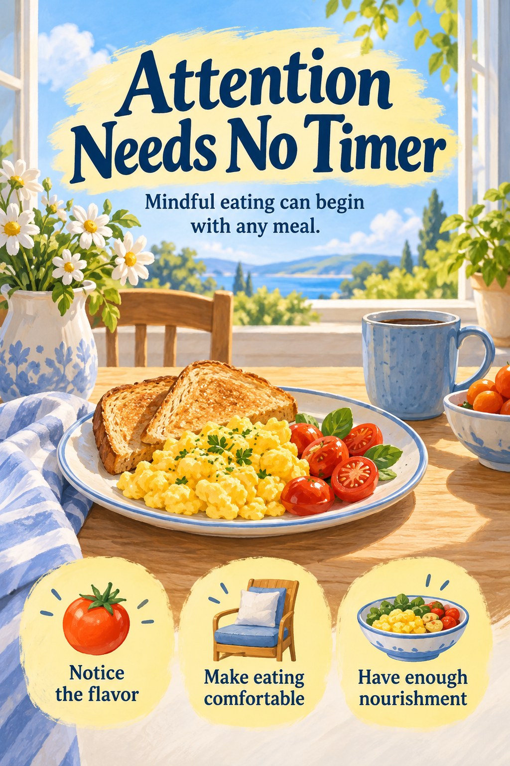 Bright illustrated breakfast of toast, eggs, and tomatoes with a reminder that mindful eating needs no timer.