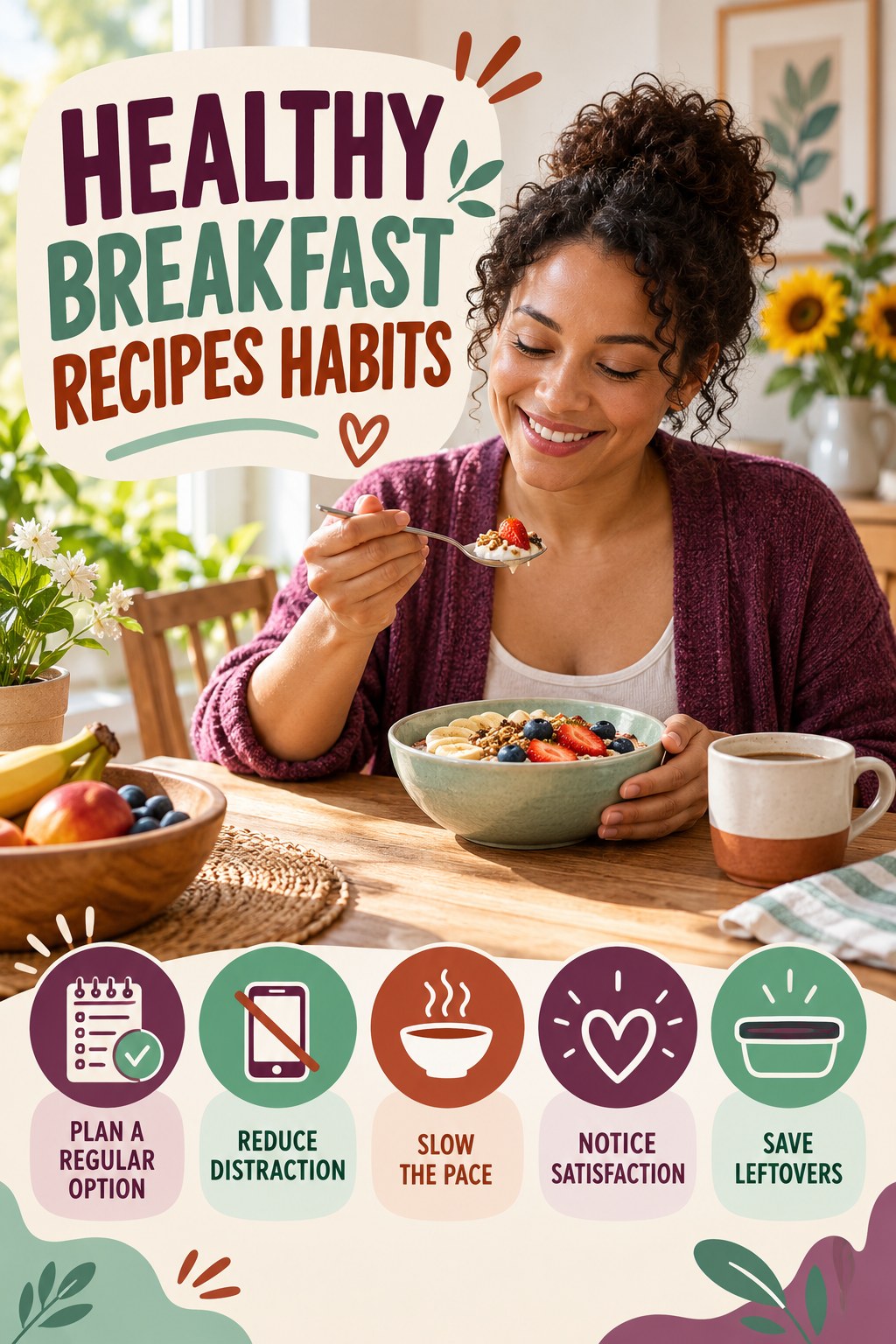 Mindful Meal Habits for Healthy Breakfast Recipes with five readable habit cues and a realistic board-relevant wellness scene.