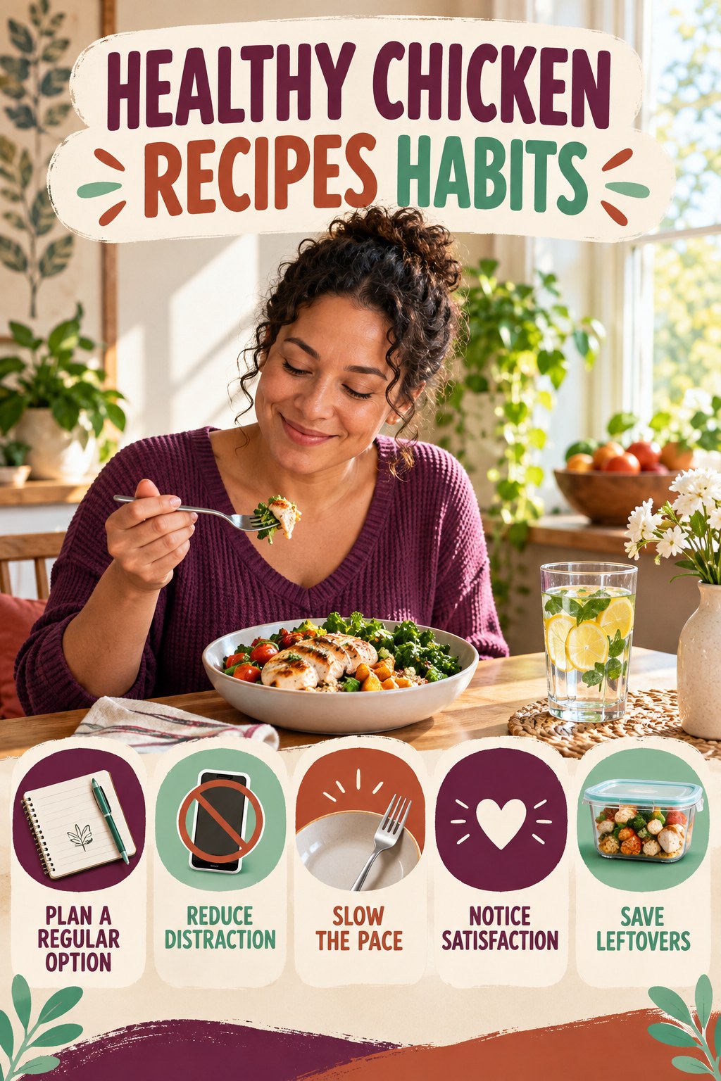 Mindful Meal Habits for Healthy Chicken Recipes with five readable habit cues and a realistic board-relevant wellness scene.