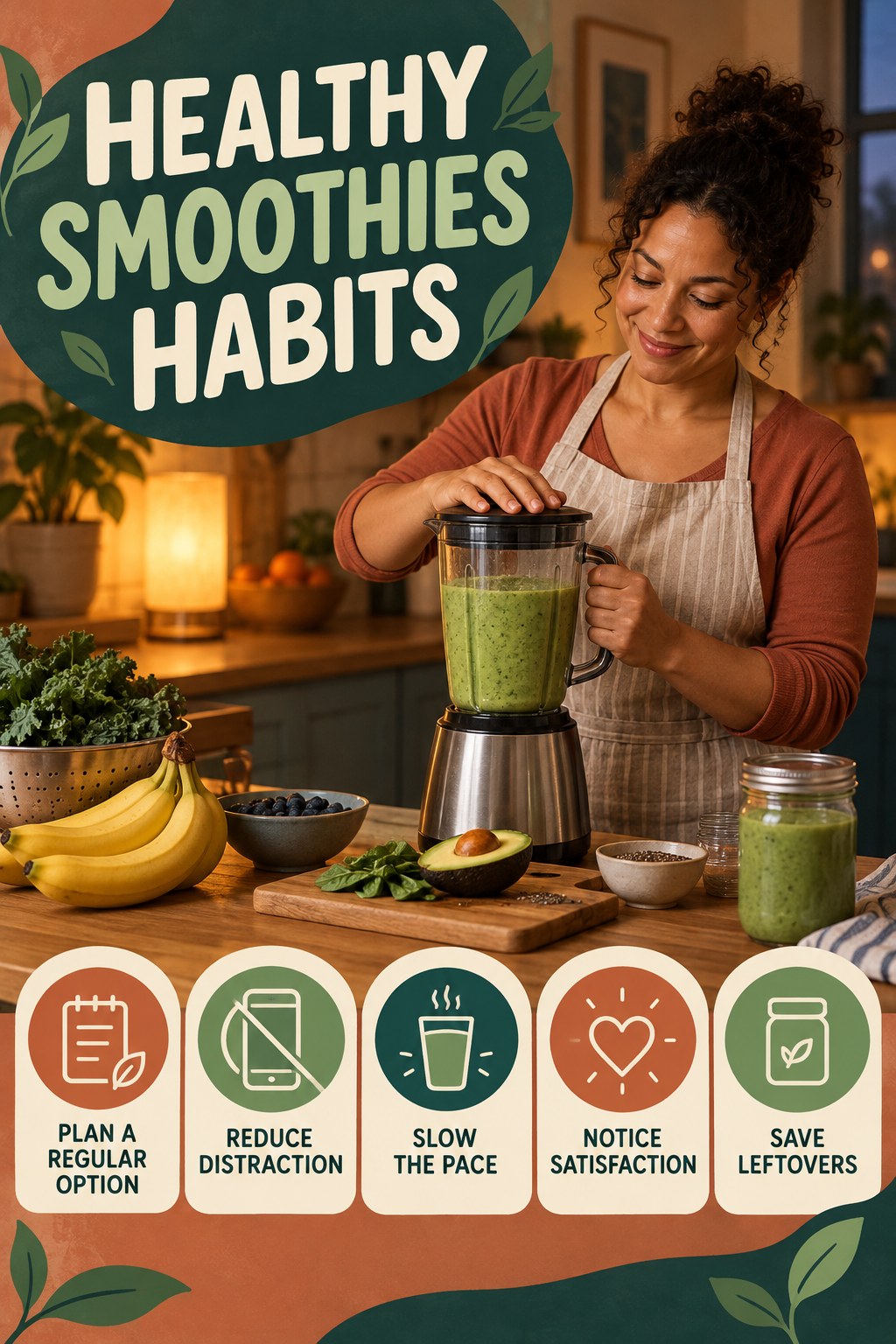 Mindful Meal Habits for Healthy Smoothies with five readable habit cues and a realistic board-relevant wellness scene.