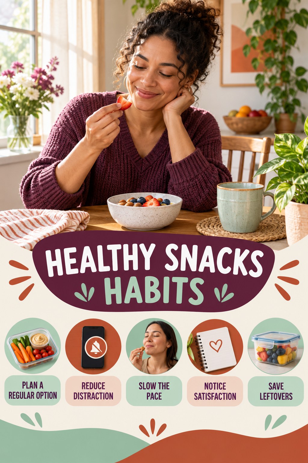 Mindful Meal Habits for Healthy Snacks with five readable habit cues and a realistic board-relevant wellness scene.